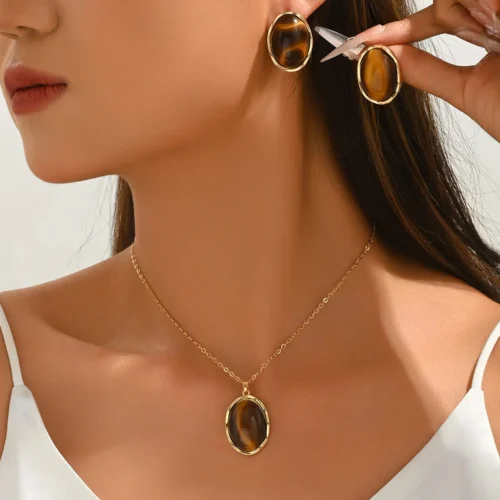 European And American Cross-Border Vintage Necklace For Women, Niche Design With Imitation Tiger Eye Stone Earrings, Versatile Clavicle Chain Jewelry Set